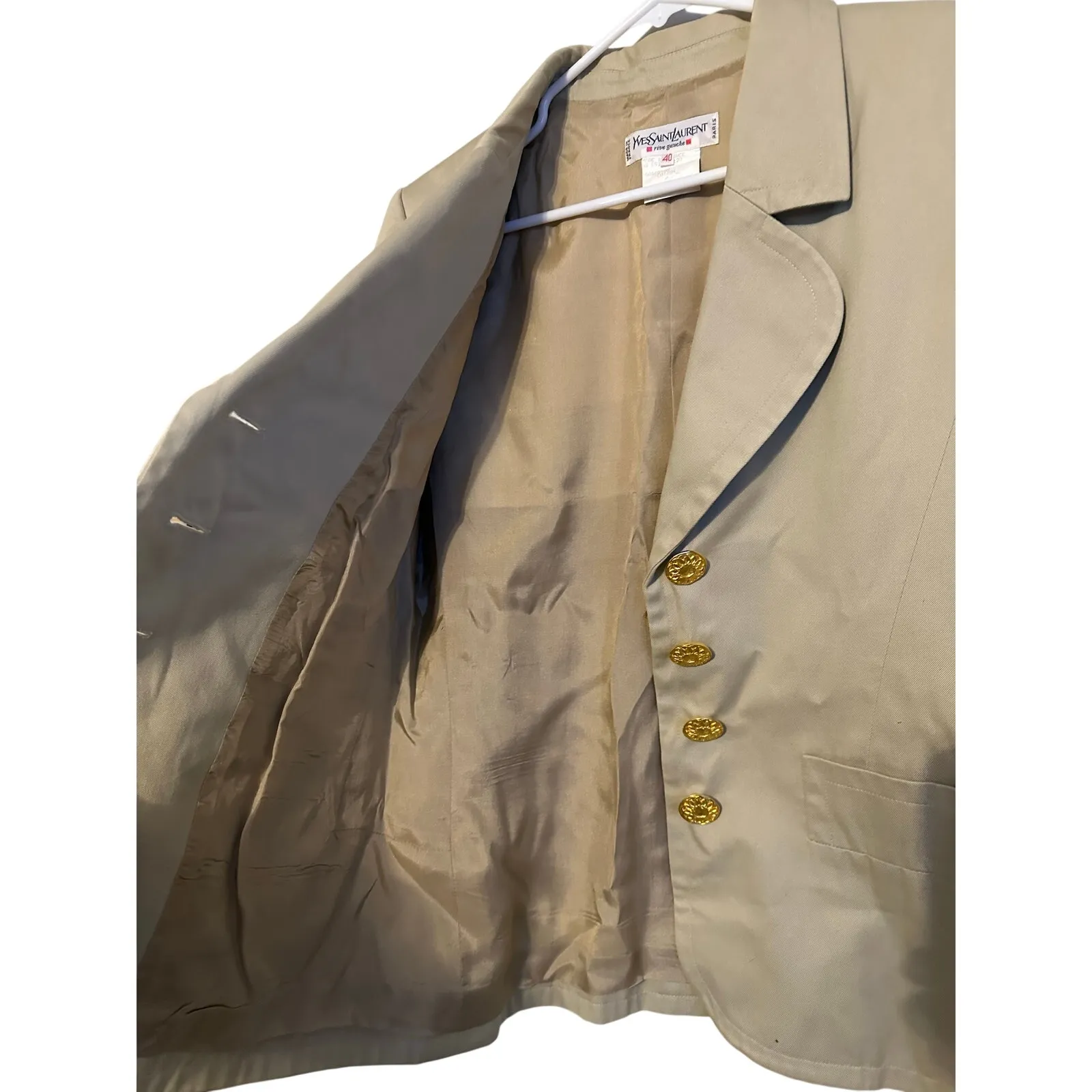 YVES SAINT LAURENT Tan Beige Vintage Gold Button Studded 100% Cotton Blazer 40 - Image 11
