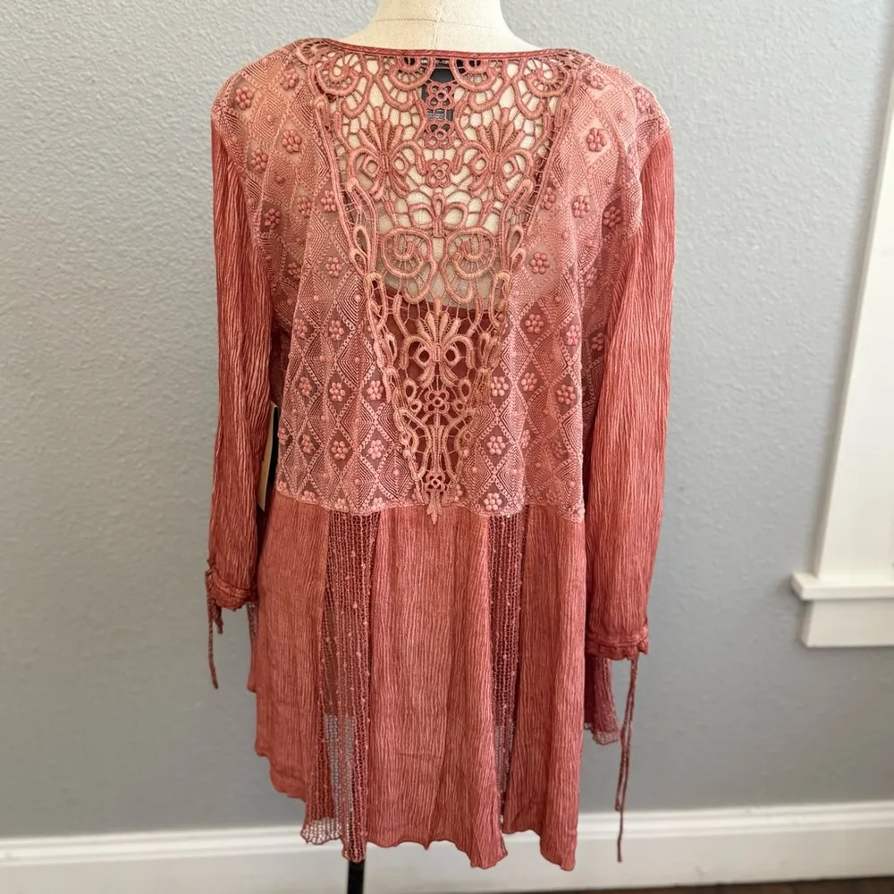 Ali Miles Embroidered Top Size Medium Sequin Sheer Lace Crochet Assymetrical NWT Orange - Image 5