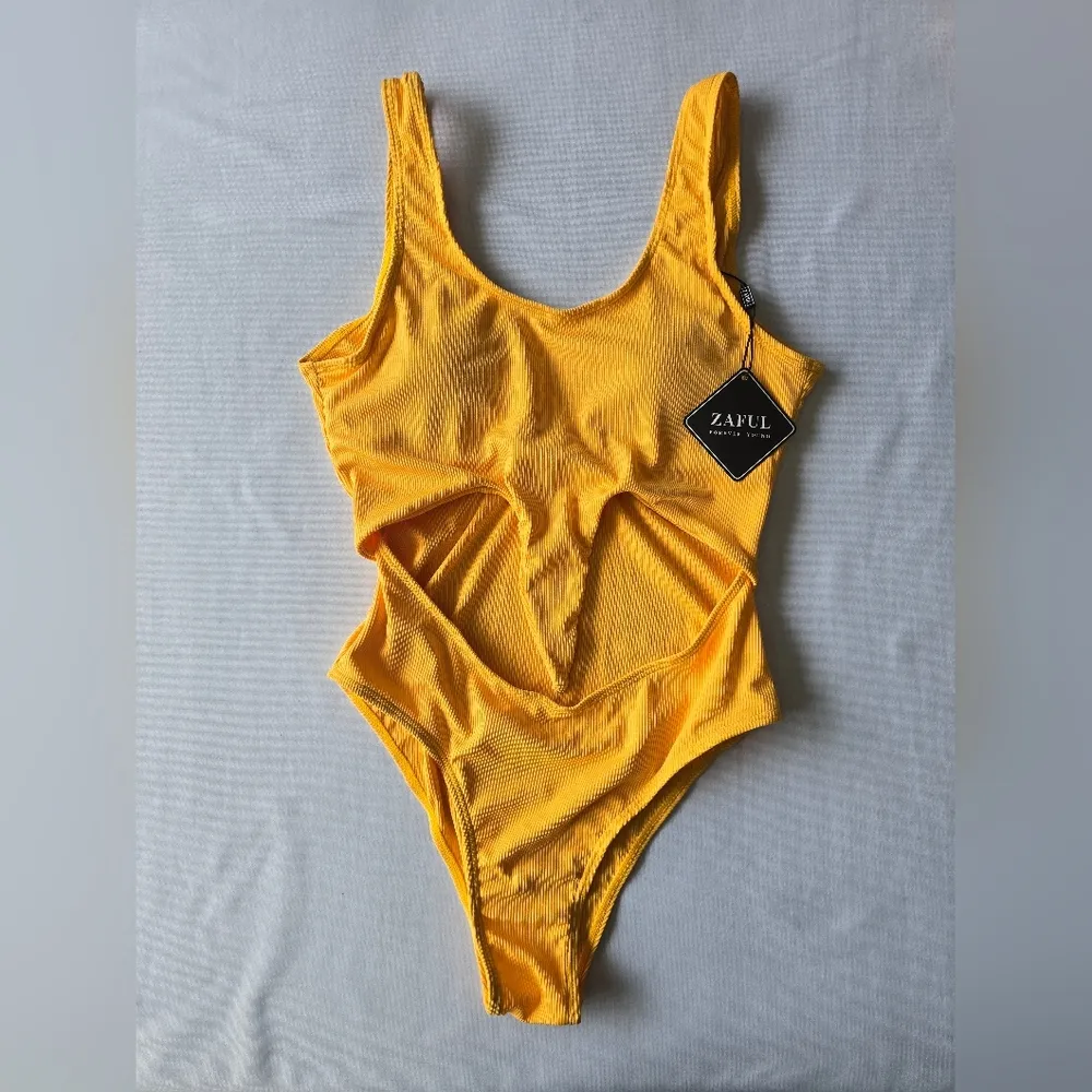 Zaful Women's Tie Knot Front Ribbed High Waist Cut Out One Piece Swimsuit Size S - Image 8