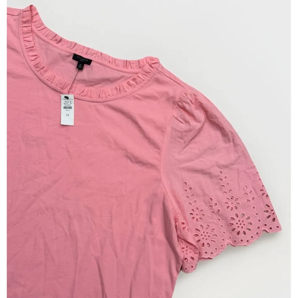 New Talbots 3X Top Pink Eyelet Feminine Short‎ Sleeve Blouse Ruffle Plus Size - Image 2
