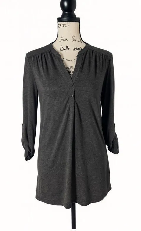 Cable & Gauge Women’s Small Gray Long Sleeve Tunic Top | Button Front Roll Tab S - Image 1