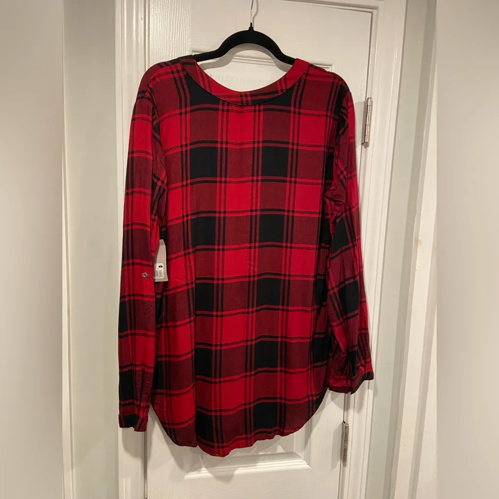 NWT Eddie Bauer Size L Red Black Soft Plaid Flannel Button Collarless Tunic Top - Image 9