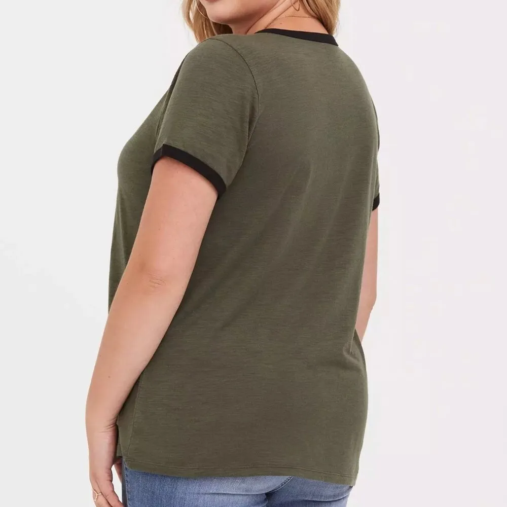TORRID 3 Plus Size Olive Adulting is Hard Ringer Tee Green Short Sleeve T-Shirt - Image 3