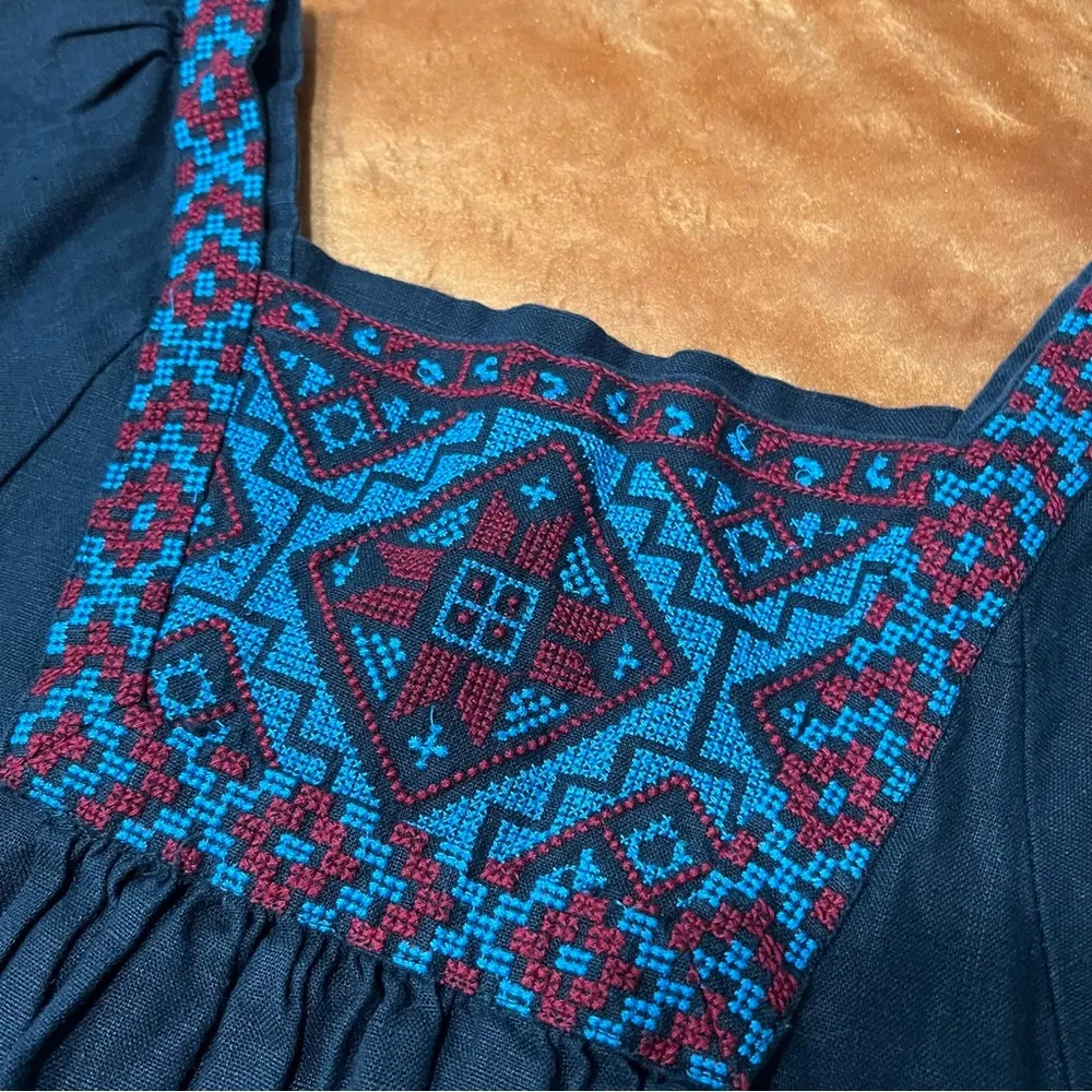 Madewell Black 100% Linen Embroidered Wander Mini Dress Black small blue red - Image 3