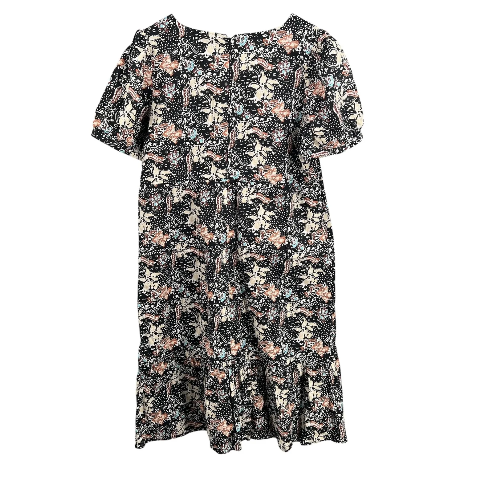 Ann Taylor Black Floral Print Dress V Neck Short Puff Sleeve Casual Midi Size 14 - Image 4