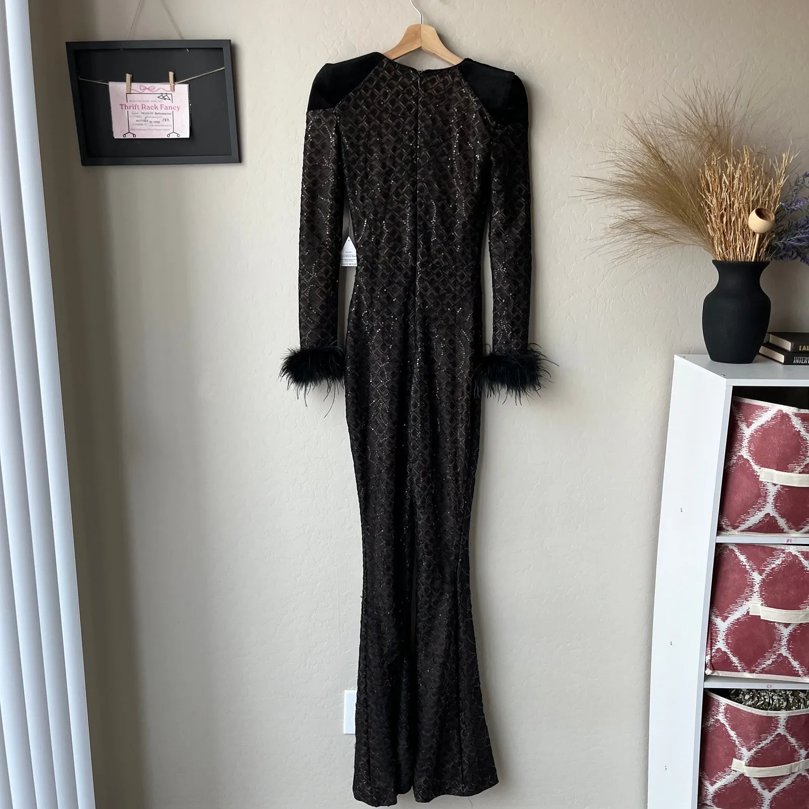 Nadine Merabi Rachel Black Lace Feather Trim Plunge V - Image 9