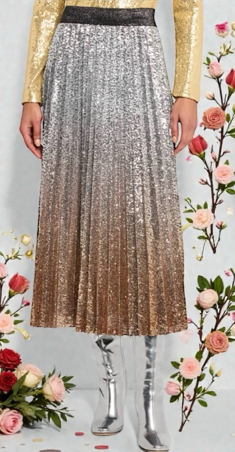 Le Superbe Belinda Pleated Silver Gold Sequin Midi Skirt Party New Year's S - Image 2