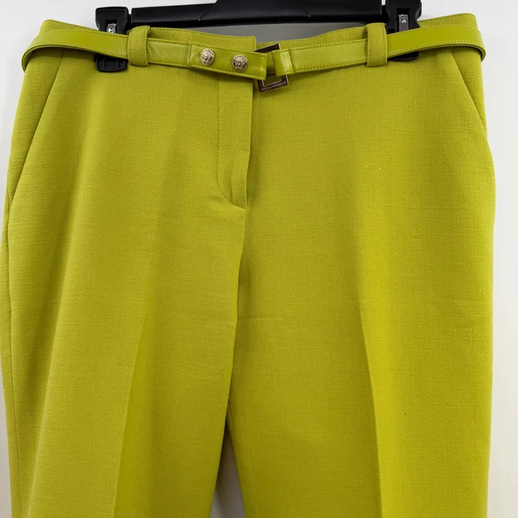 Vintage Gianni Versace Chartreuse Wool Trousers w/ Medusa Buttons & Leather Belt - Image 3