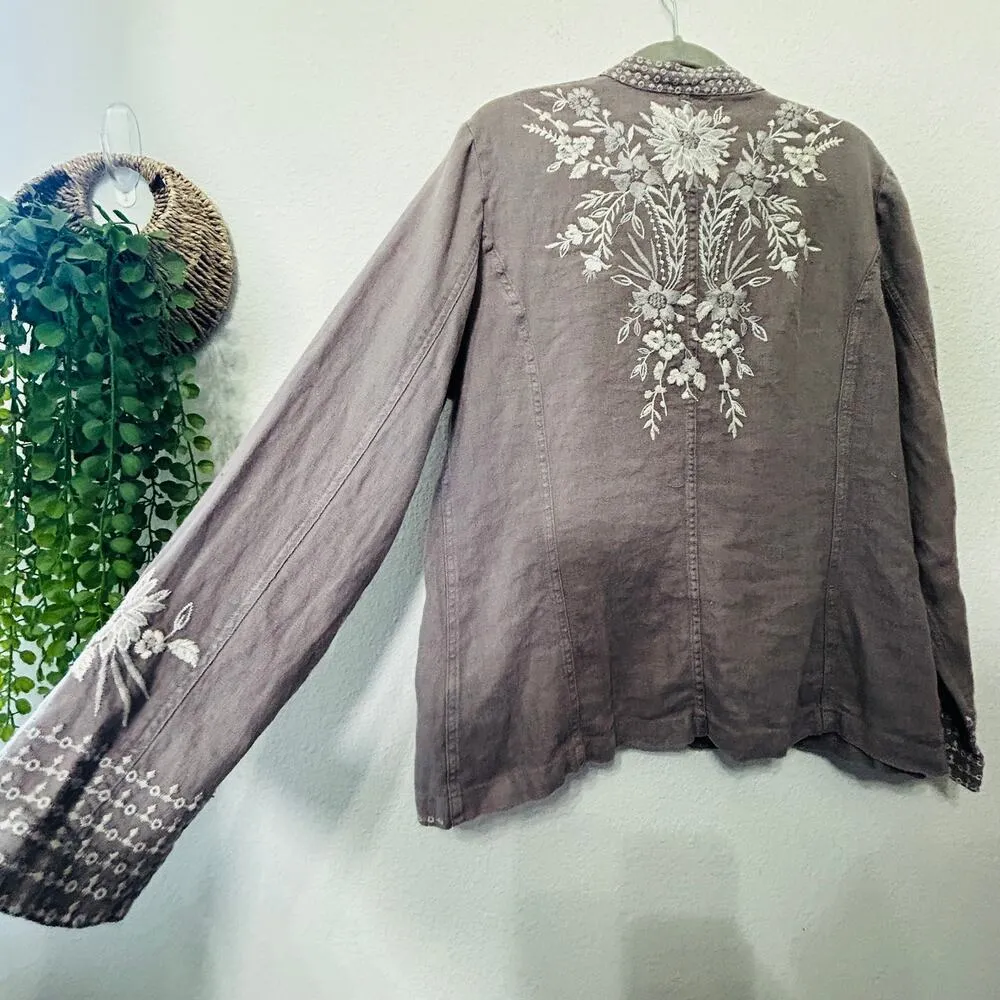 Johnny Was Workshop Oleander Linen Jacket Grey Safari Embroidered Women Medium - Image 16
