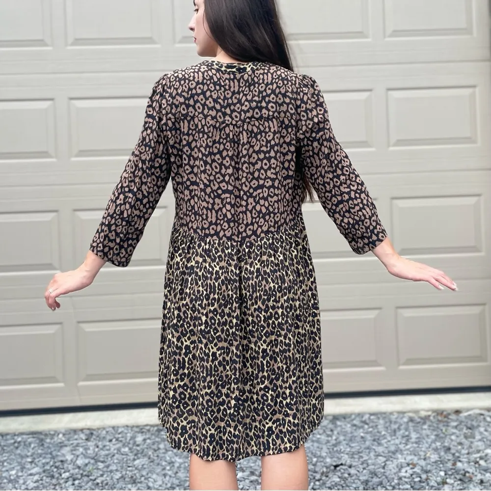 Maeve by Anthropologie Leopard Print Flowy 3/4 Sleeve Mini Dress Medium - Image 3