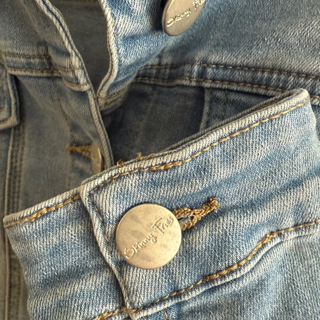 Light Wash Denim Jacket Stretch Button Front Small Skinny Fries Blue - Image 9