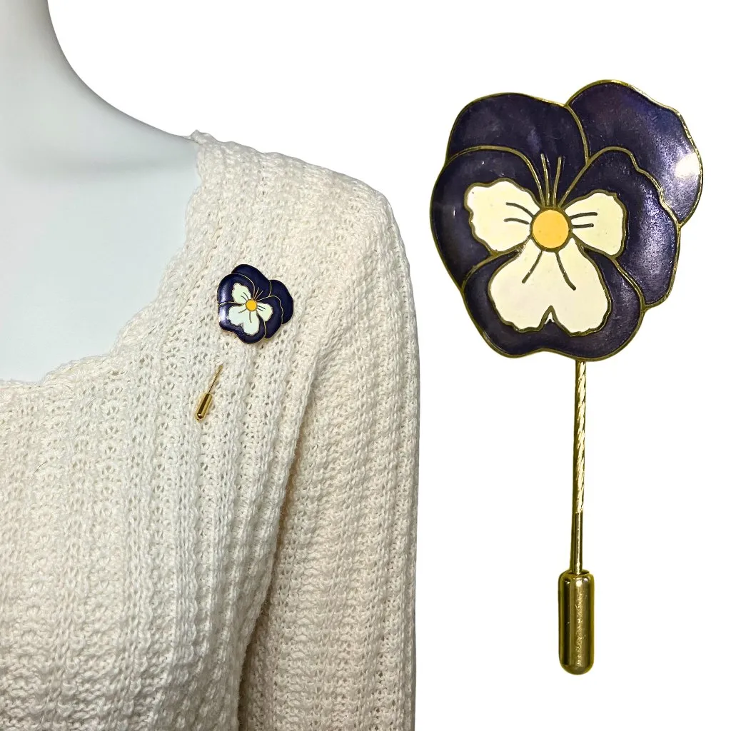 Vintage 70s Pansy Cloisonné Enamel Purple Flower Gold Tone Stick Pin Retro 2.5” - Image 2