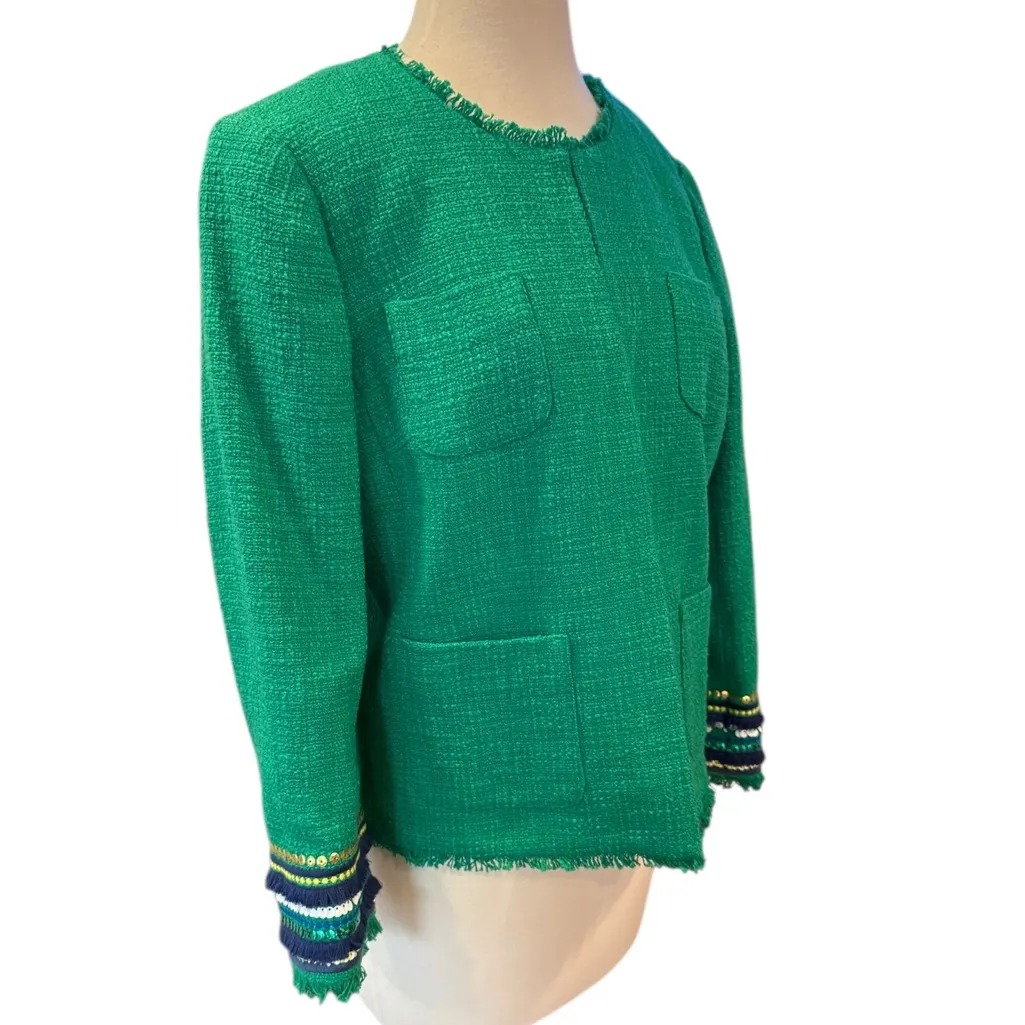 Talbots Kelly Green Tweed Sequin Cuff Jacket Size 10 - Image 4