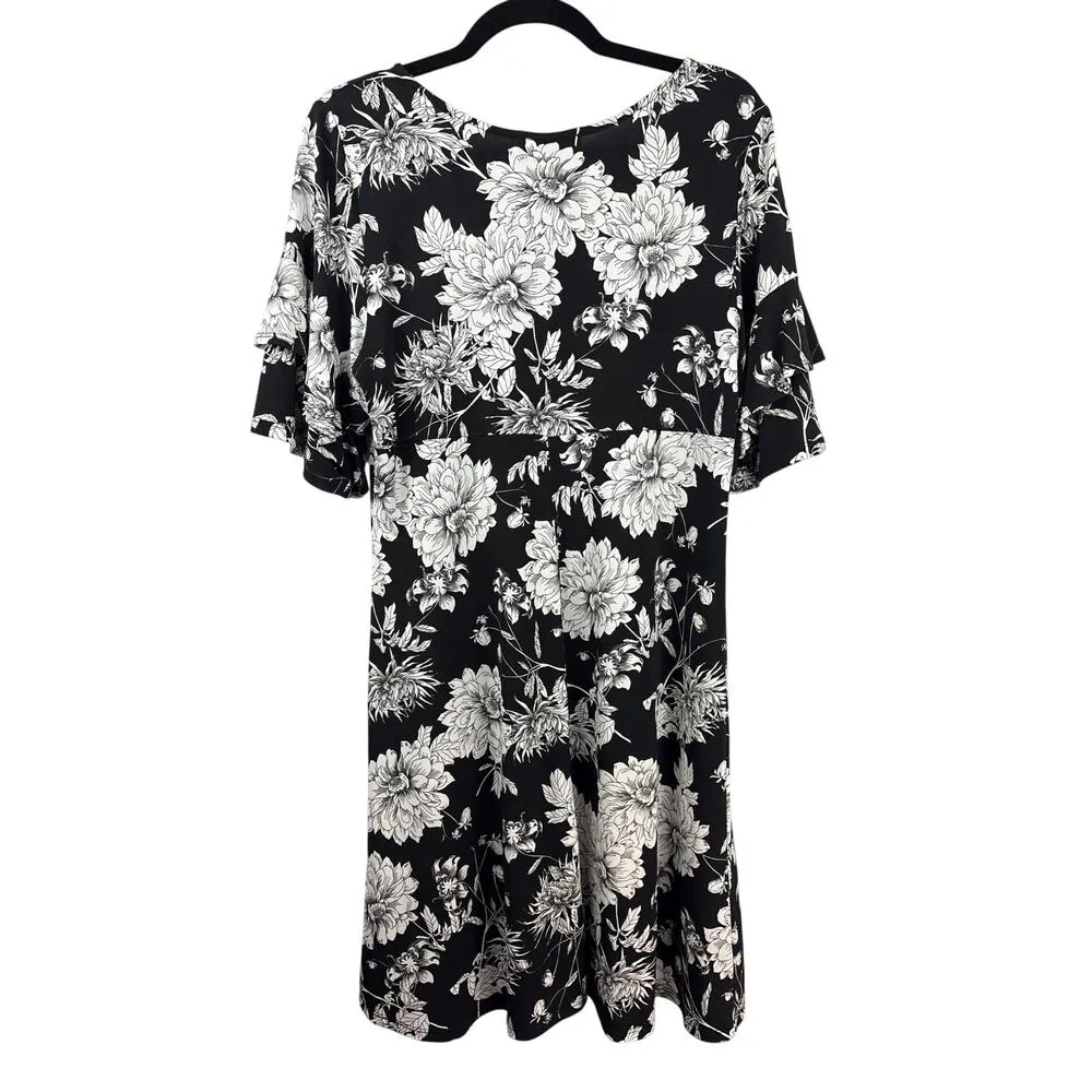 Karen Kane Women’s Black T-Shirt Dress Sz XL – White Floral Ruffle Sleeve Dress - Image 4