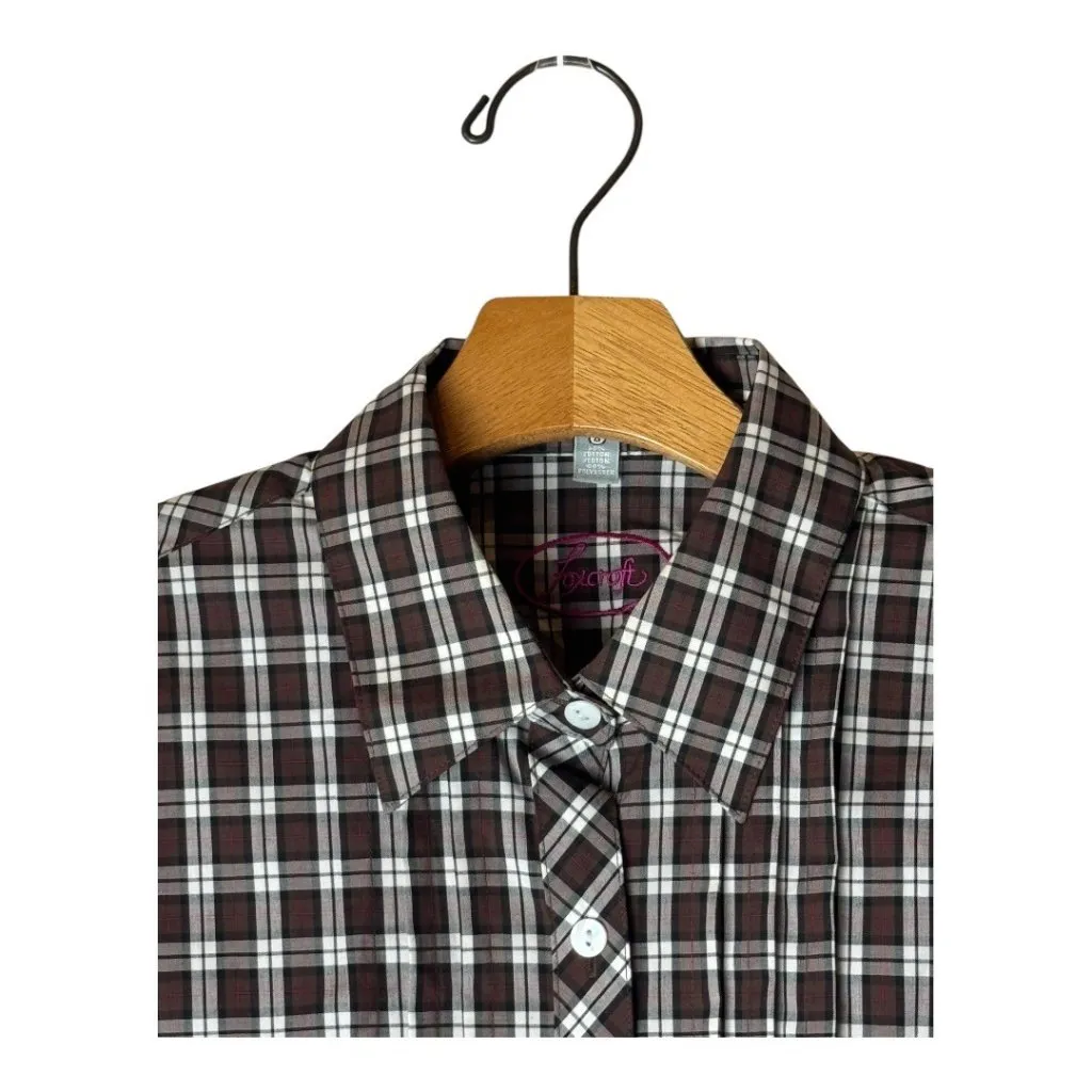 Foxcroft Shirt Women 8 Brown White Plaid Pintuck Pleat Collared Button Down Top - Image 3