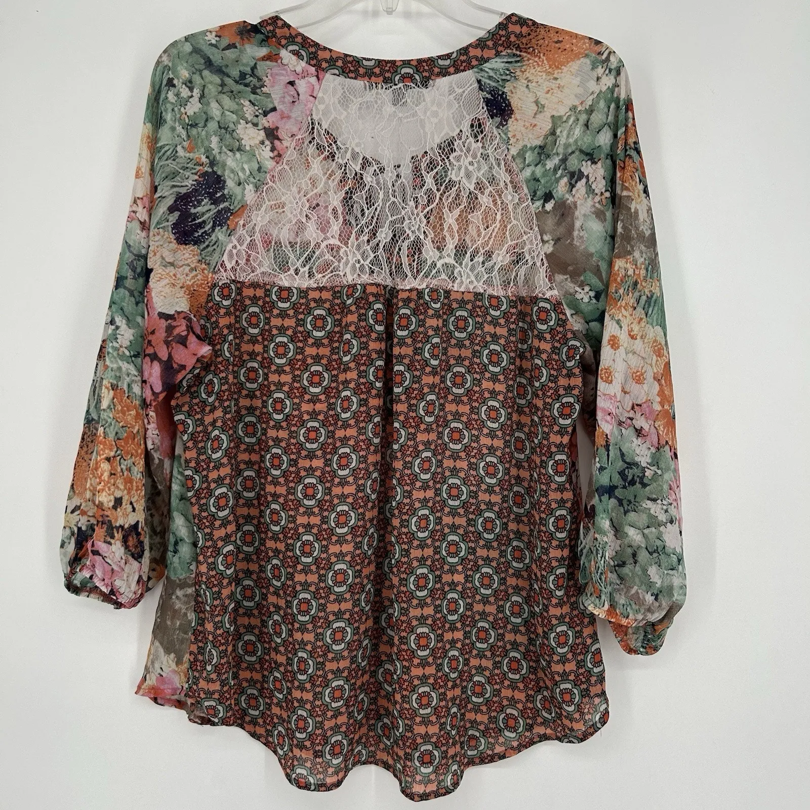 Figueroa & Flower Boho Floral Top Mixed Pattern Lace Pink Orange Tie Neck Size L Size L - Image 5