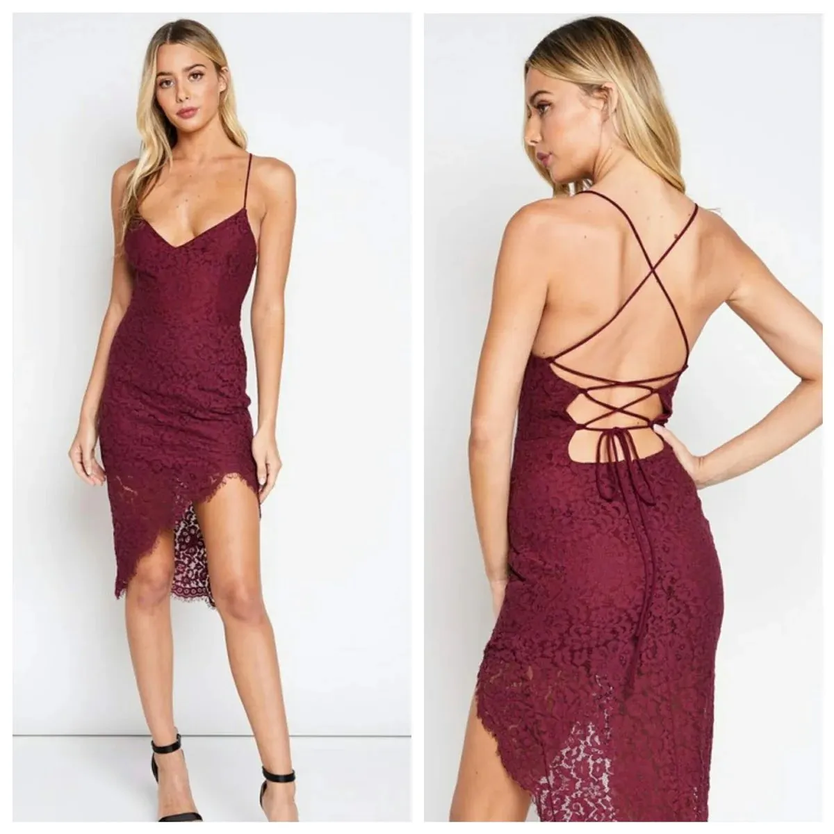 Lovers + Friends Burgundy Lace Strappy Back Midi Dress Skylight Dress Size S - Image 2