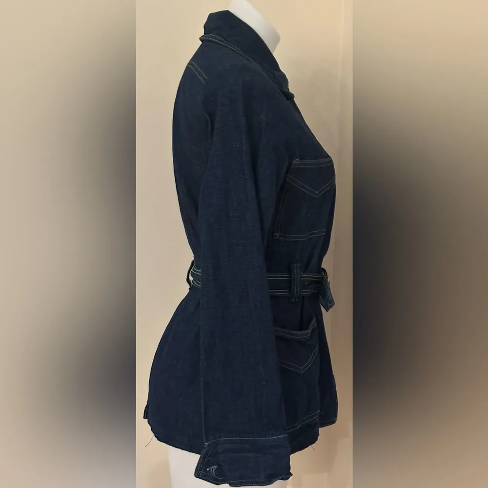 No Tag Denim Tie Blue Jean Jacket With Yellow Thread Collar Button Down Sz 9/10. - Image 7