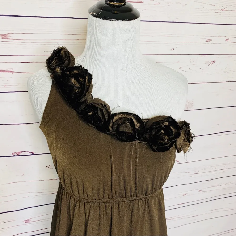 Judith March Chocolate Brown Rosette One Shoulder Mini Dress Size Medium - Image 3