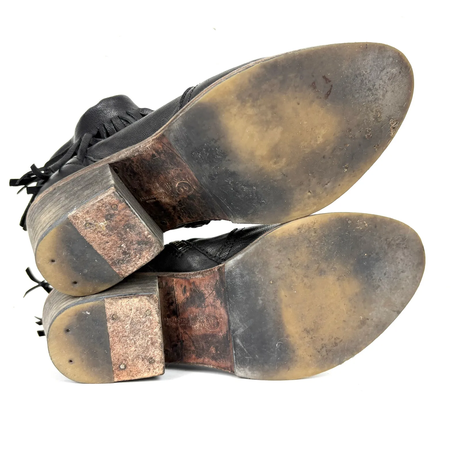 AllSaints Women Bonny Valley Black Leather Fringe Ankle Boots Cuban Heel Size 39 - Image 3