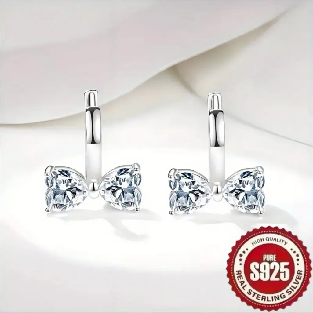 S925 Sterling Silver Bow Earrings Simulated Diamond Huggie Hoops NWT - Image 4