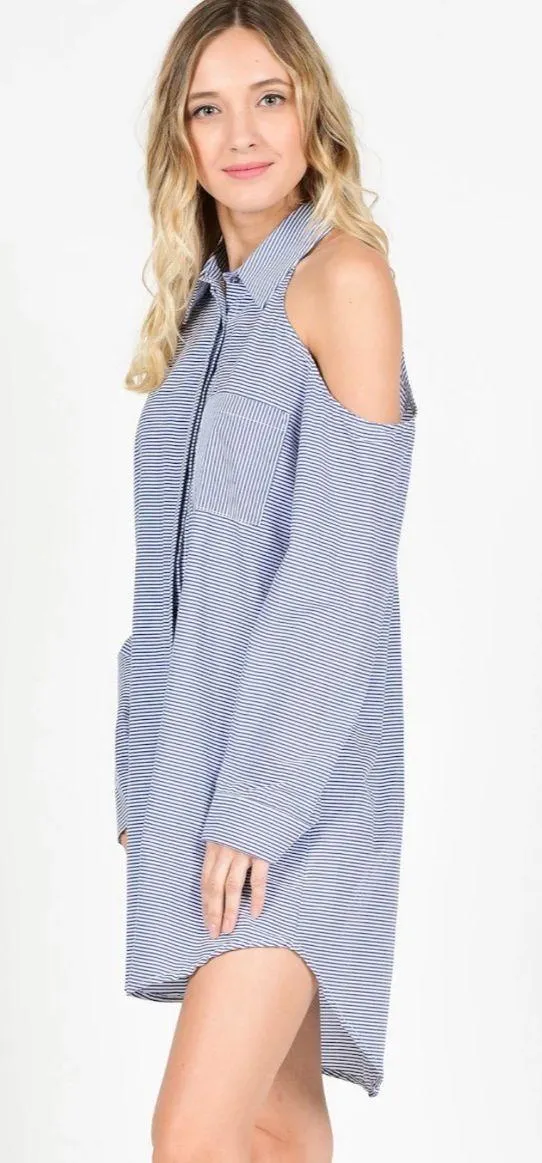 Black Stripes Cold Shoulder Shirt Dress - Image 2