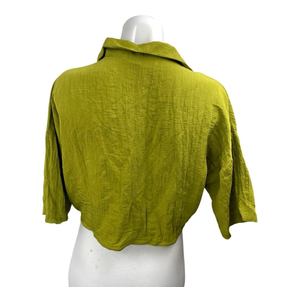H&M Women's Green Short Sleeve V Neck Collared Tie Hem Shirt Crop Top Size S - Image 2
