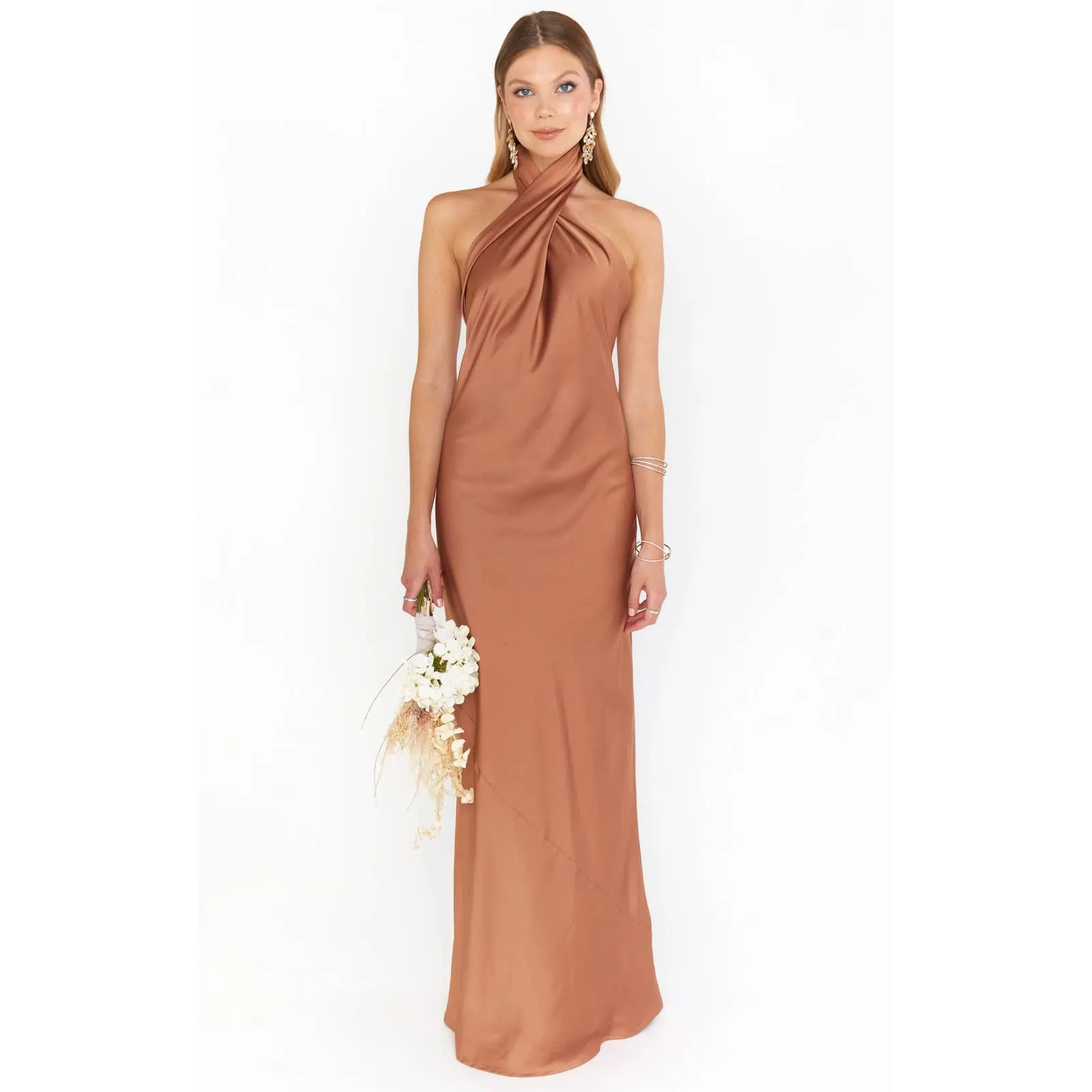 Show Me Your Mumu Jasmine Halter Maxi Dress in Copper Luxe Satin L NWT - Image 5
