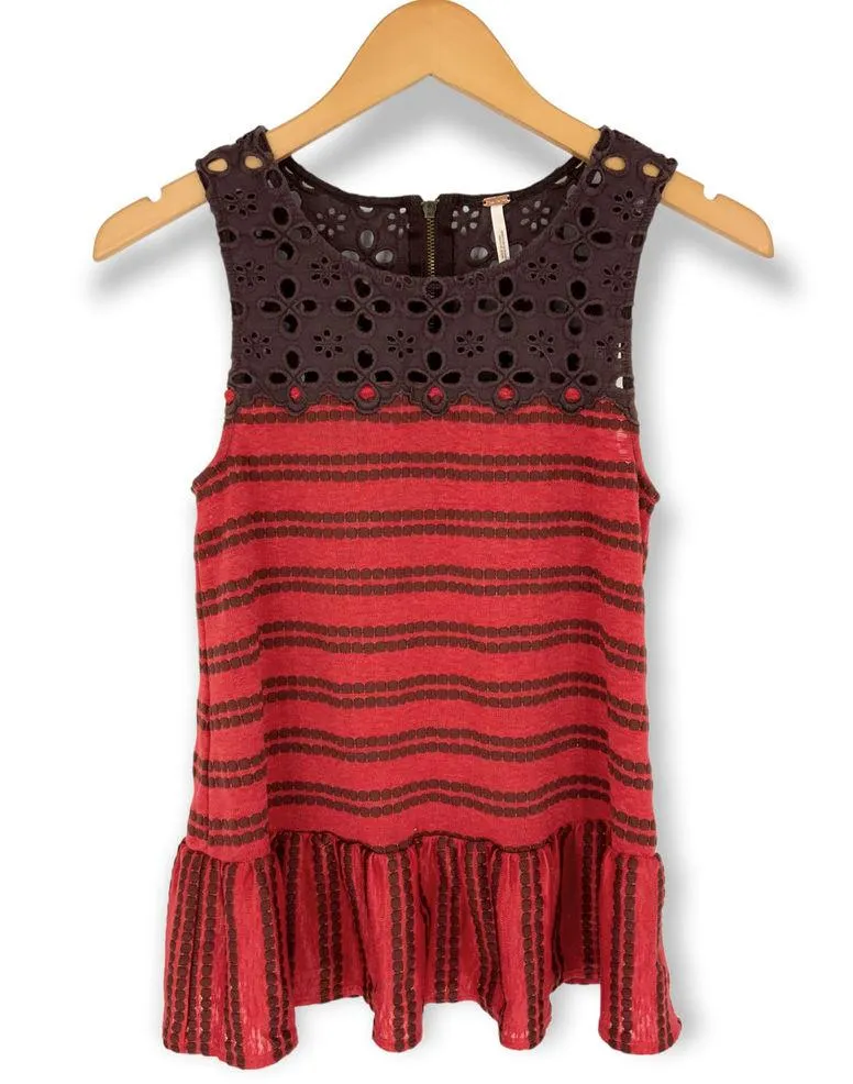 Free People | XS | Molly Retro Brown & Red Striped Textured Knit Eyelet Tank Top - Image 3
