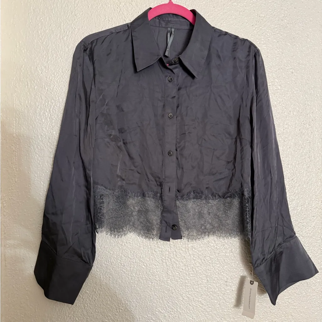 By Anthropologie Cropped Lace Pajama Top in carbon color gray size XS NWT - Image 5