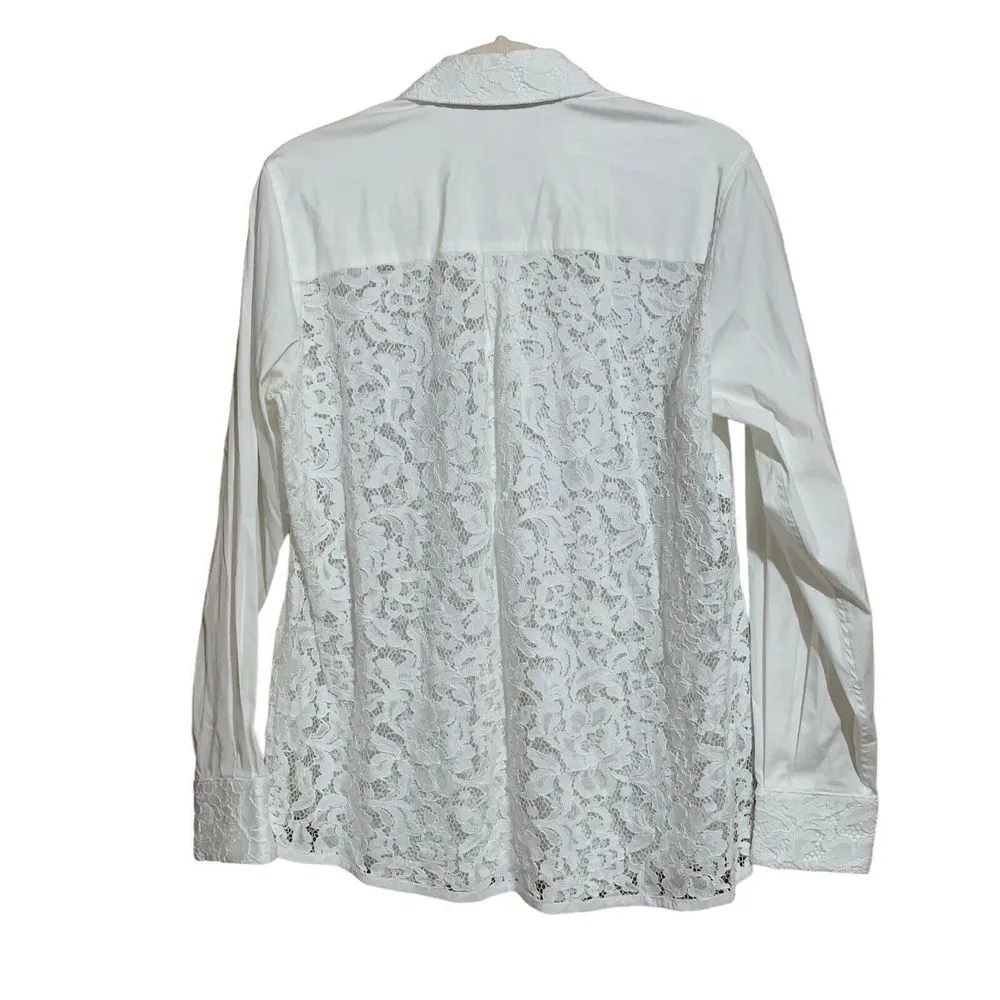 CARLISLE New York Size 12 White Mixed Media Button Up Shirt Lace Back Collar Top - Image 5