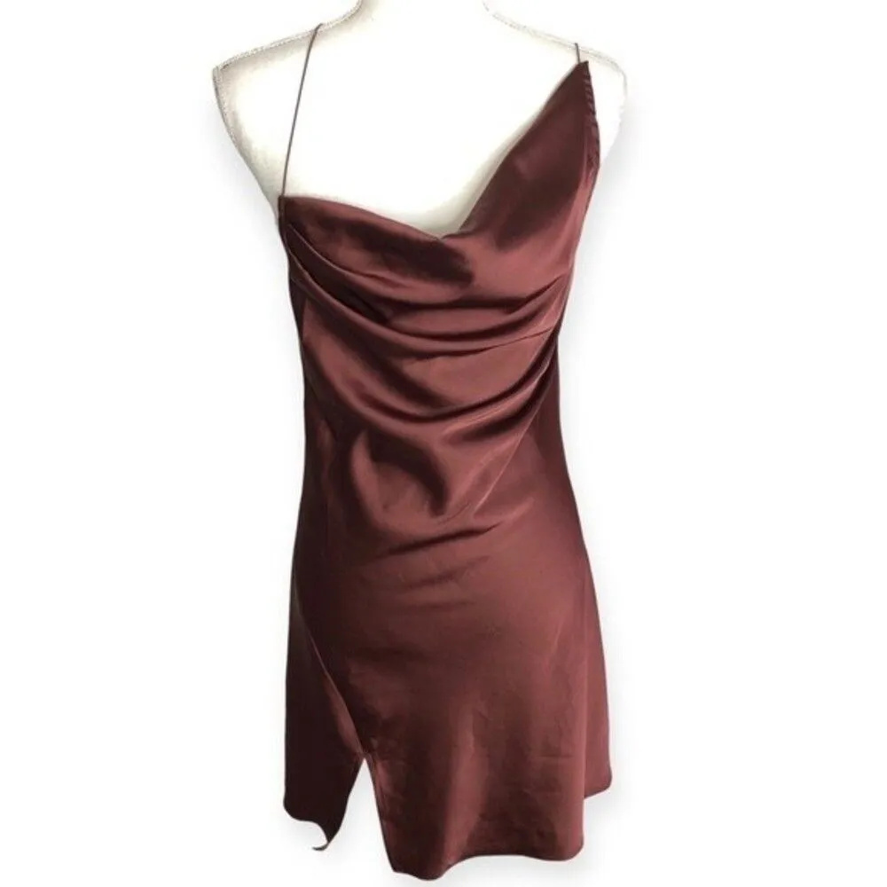 Saint Moon Satin Silky Asymmetric draped Open Back Mini Dress Brown Size L - Image 4