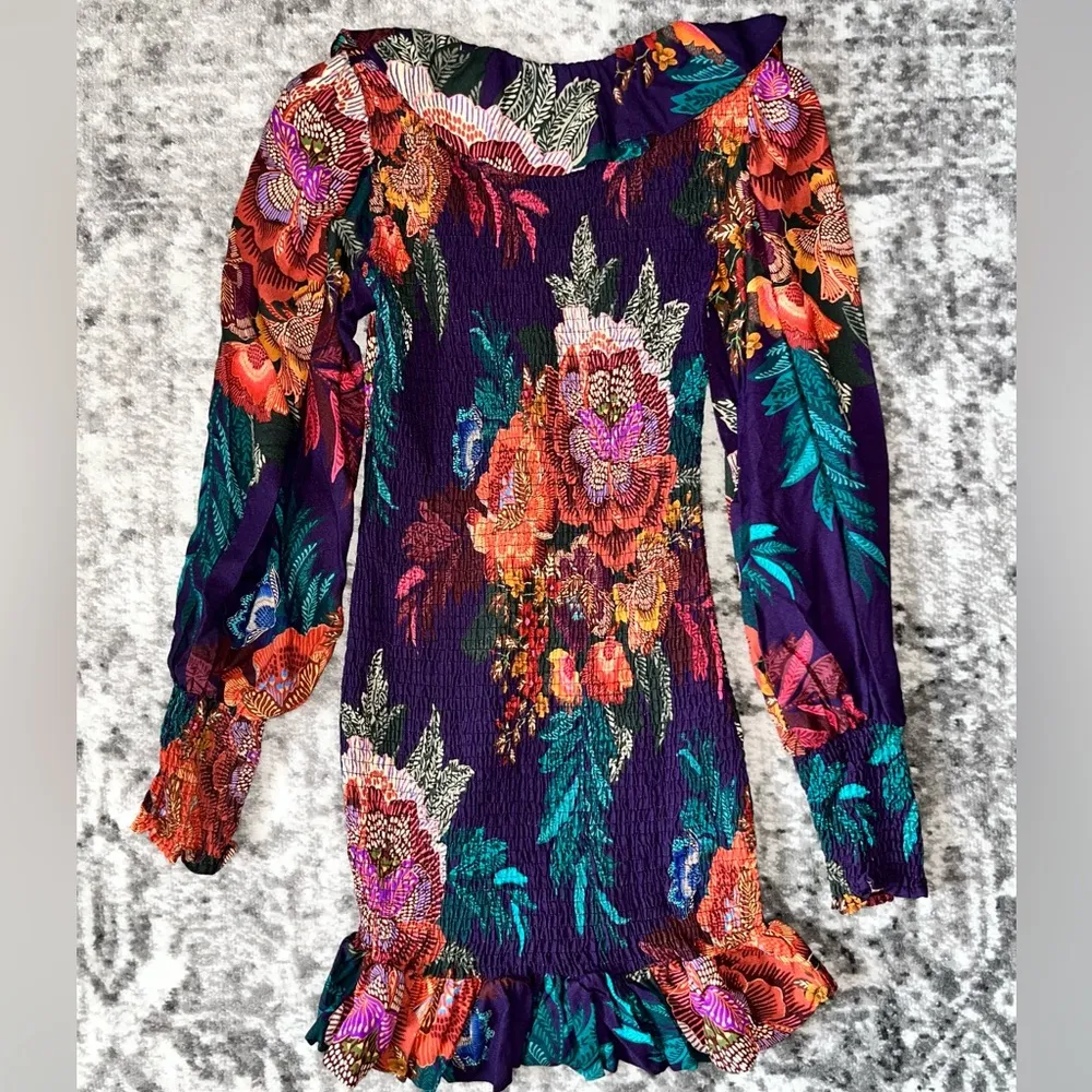 FARM Rio Flower Scarves Long Sleeve Smocked Mini Dress - Image 8