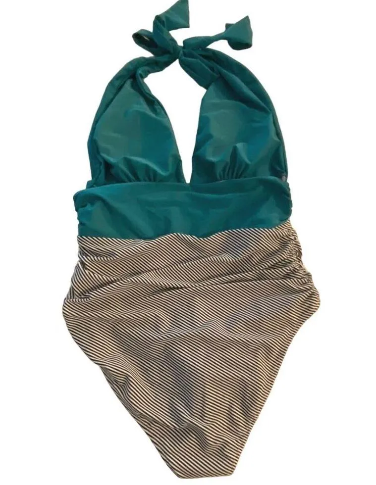CUPSHE One Piece Halter Green Black White Stripe Bathing Suit women sz M - Image 3