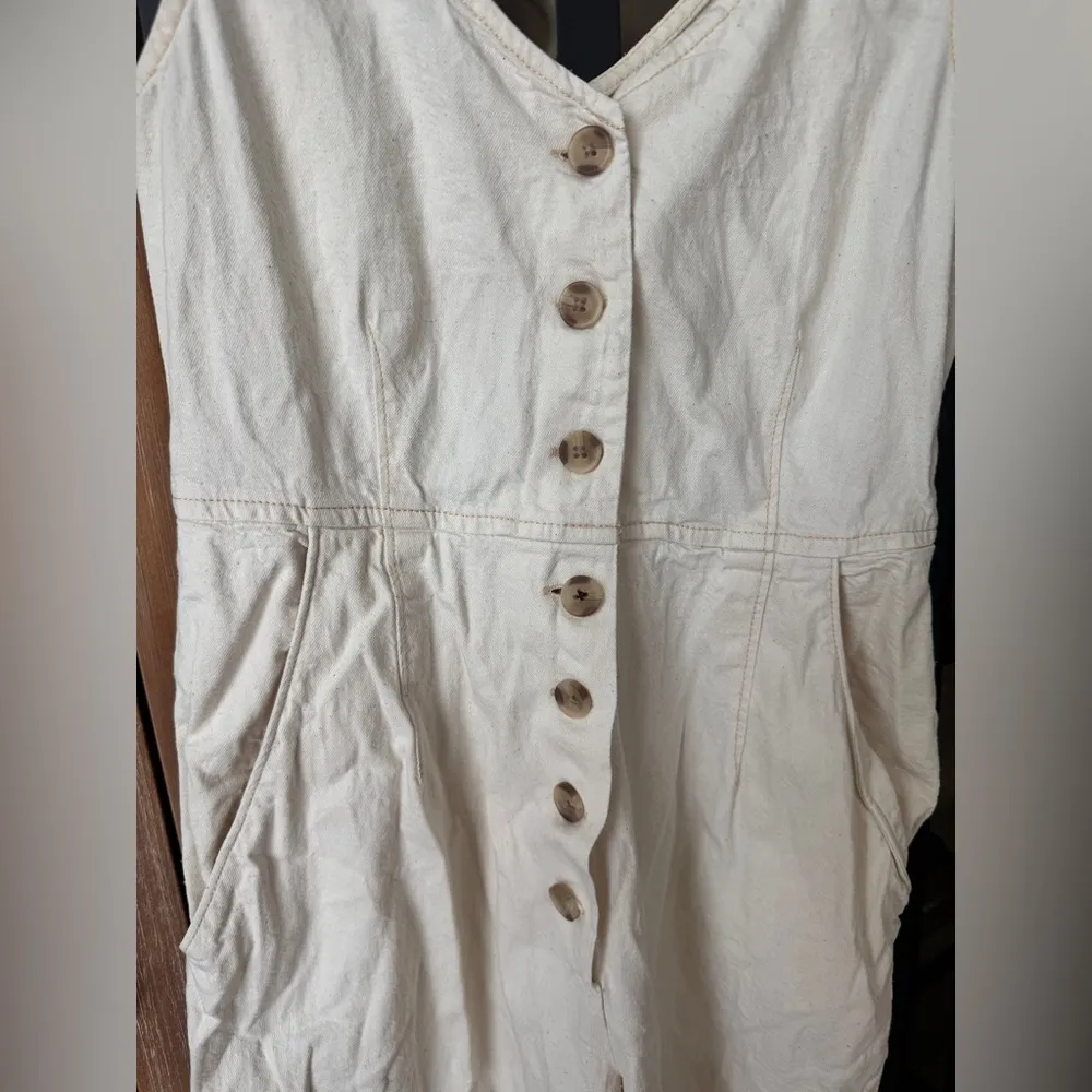 ASOS denim jumpsuit oatmeal wide leg straight beige lineny sleeveless pockets - Image 6