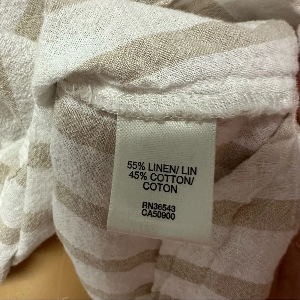 Linen Van Heusen Khaki Tan White Striped Split V Neck 3 Quarter Sleeve Blouse XL - Image 8