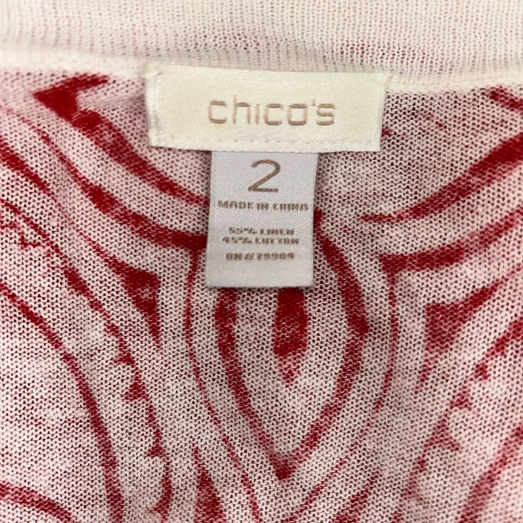 Chico's Linen Blend Knit Cardigan Size 2 (12) Red White Paisley - Image 3
