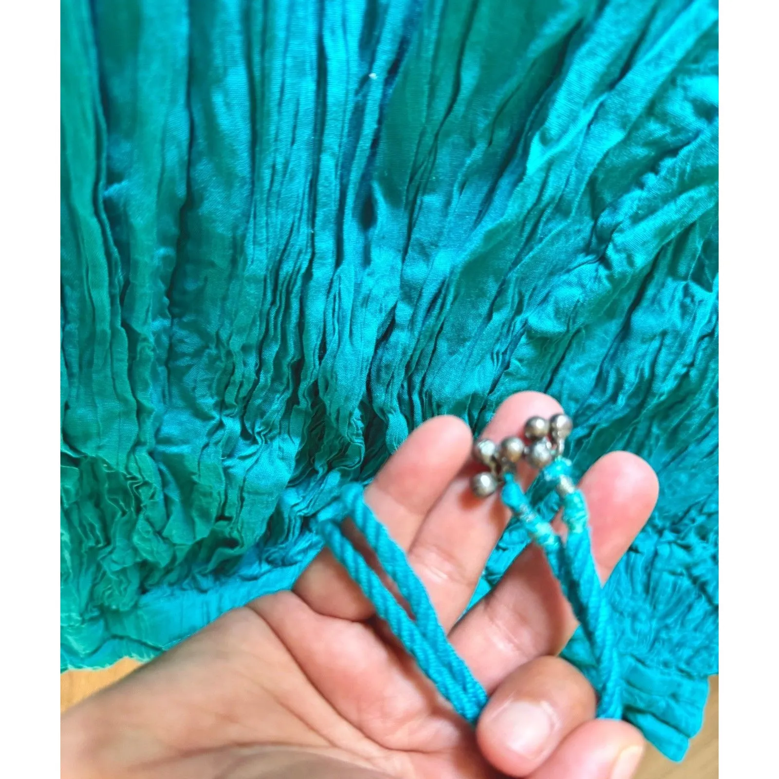 Aspira Women’s Crinkle Boho Skirt Turquoise Cotton Tiered Midi Elastic Waist M Blue Size M - Image 5