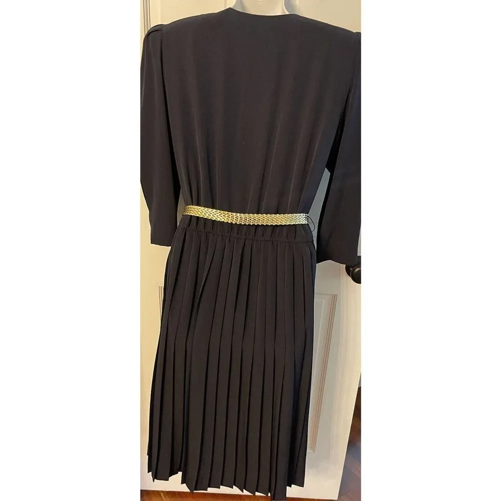 Liz Roberts Petites Navy Sailor Collar Gold Button/Belt Pleated Dress Size 10P - Image 2