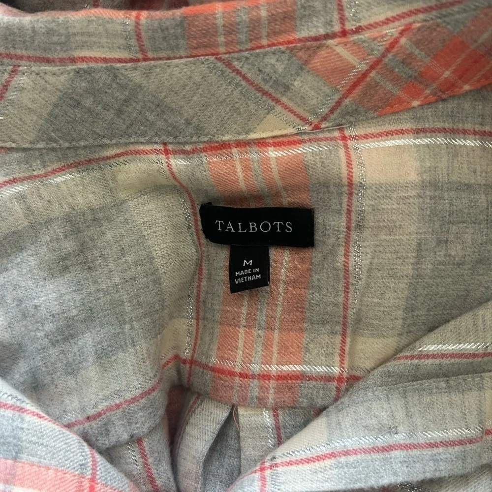 Talbots Metallic Button Front Shirt Dazzling Plaid, Coral And Grey , Siz… - Image 4