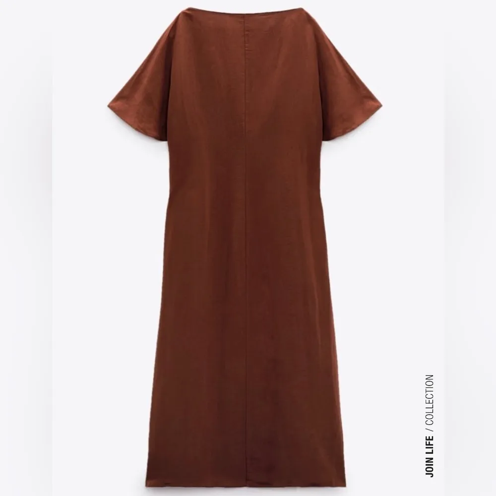 Zara New Beach Bohemian Linen Blend Brown Beaded Tunic Round Neck Dress Size L‎ - Image 3