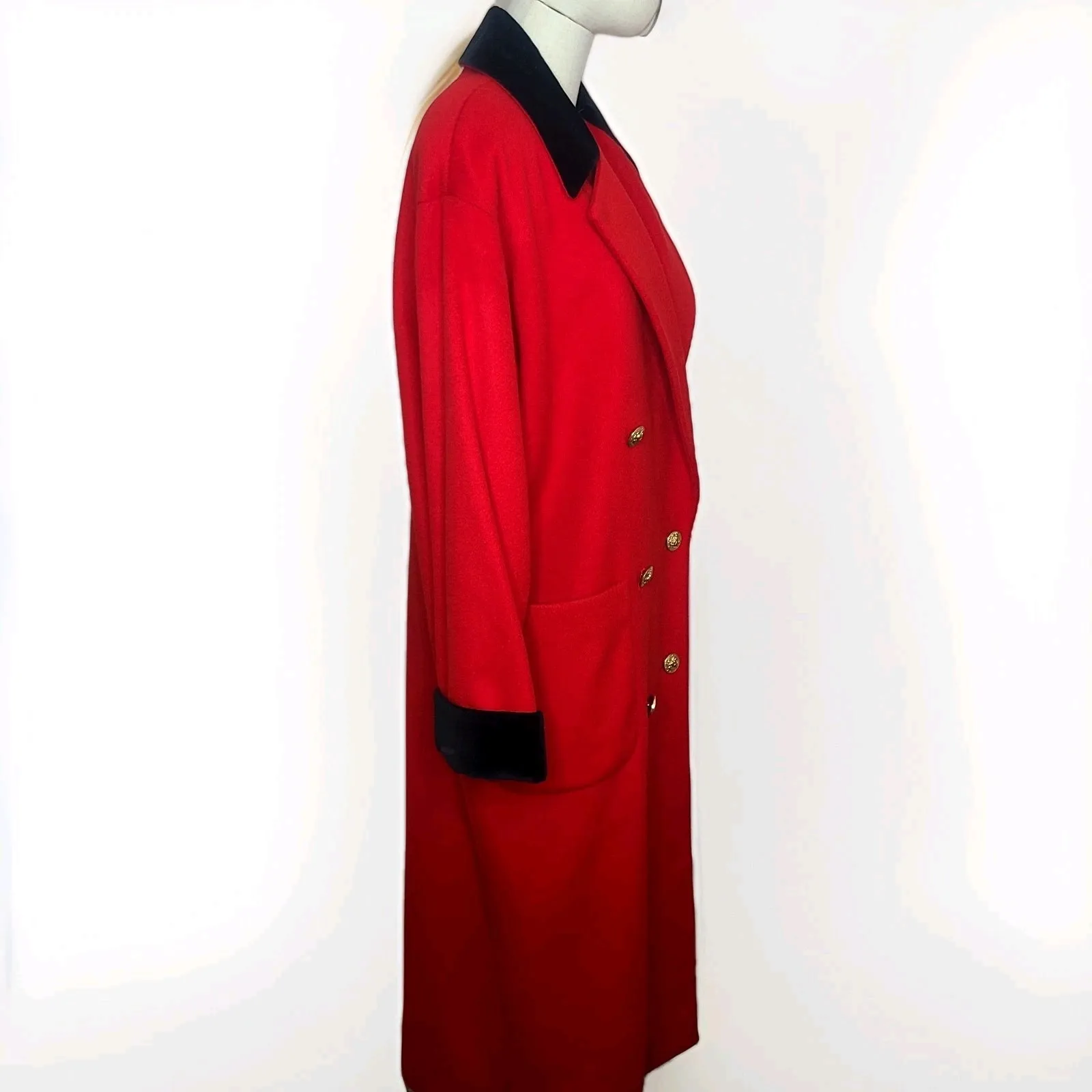 Vtg Christian Dior Red Wool Double Breasted Coat Gold Buttons Velvet Accents 80s - Image 4