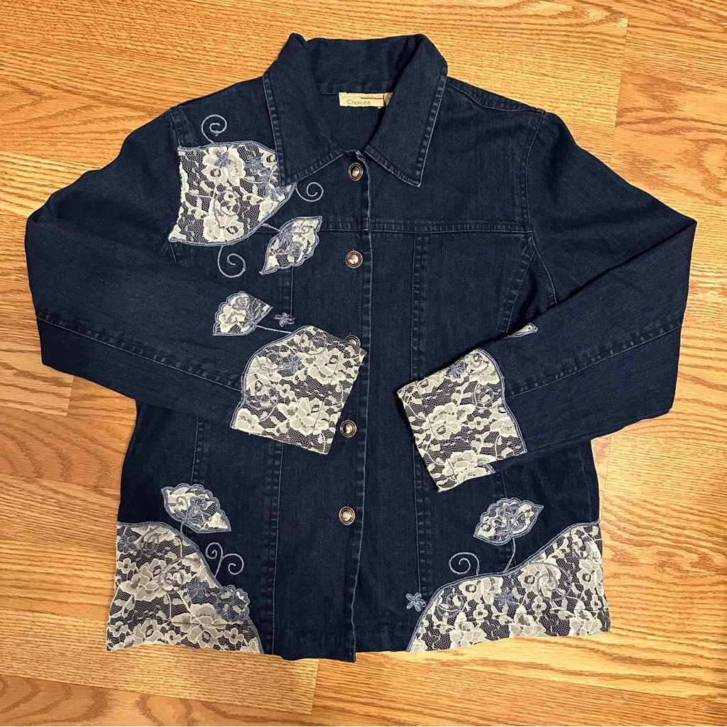 Vintage Choices Denim and Lace Button Down Jacket Size S Blue - Image 3