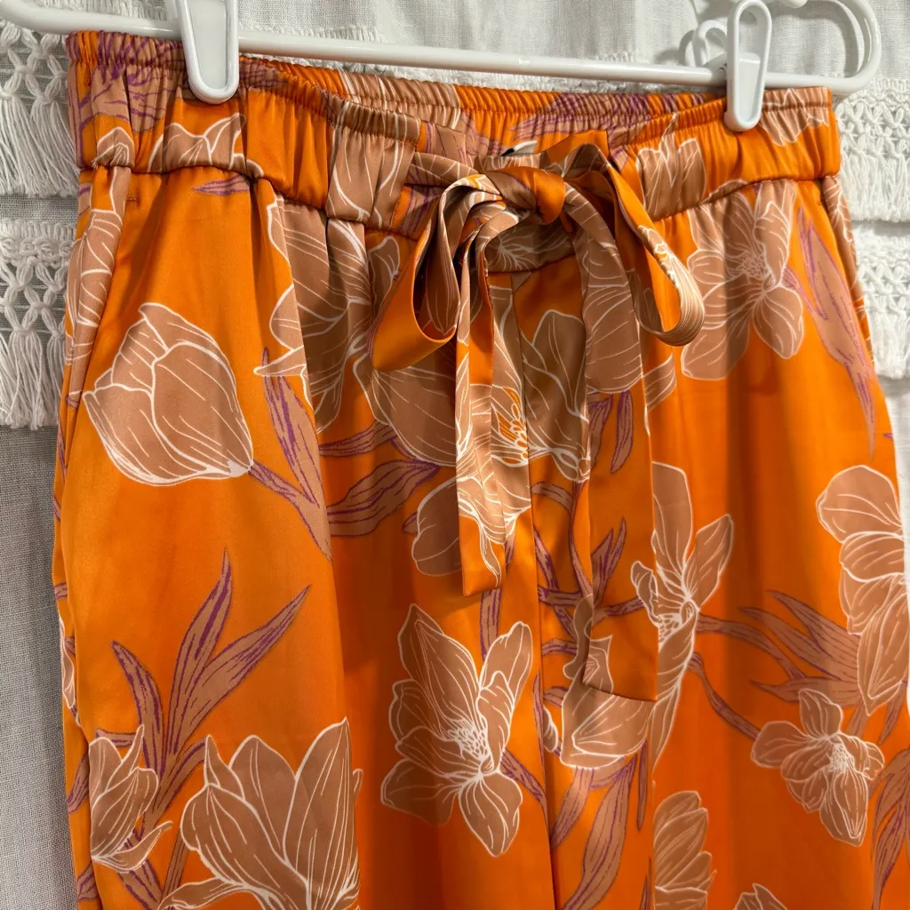 Joie Orange Floral Satin Palazzo Pants Belted Size 6 Wide Leg - Image 3