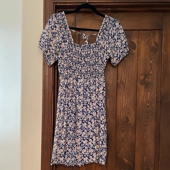 Dee Elly Blue Floral Smocked Puff Sleeve Mini Dress – Size M - Image 8