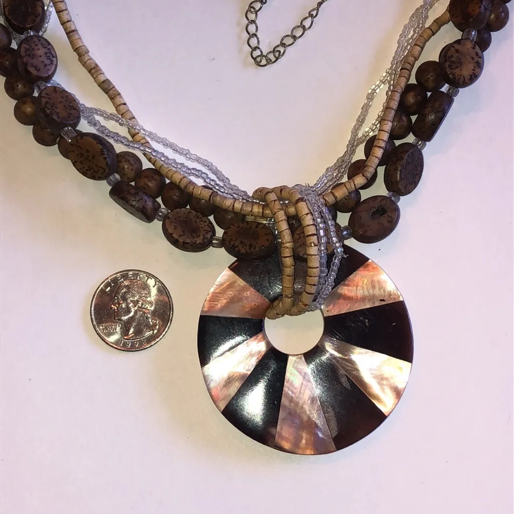 Elegant Brown and Cream Inlaid Mother of Pearl Boho Statement Necklace - Image 5