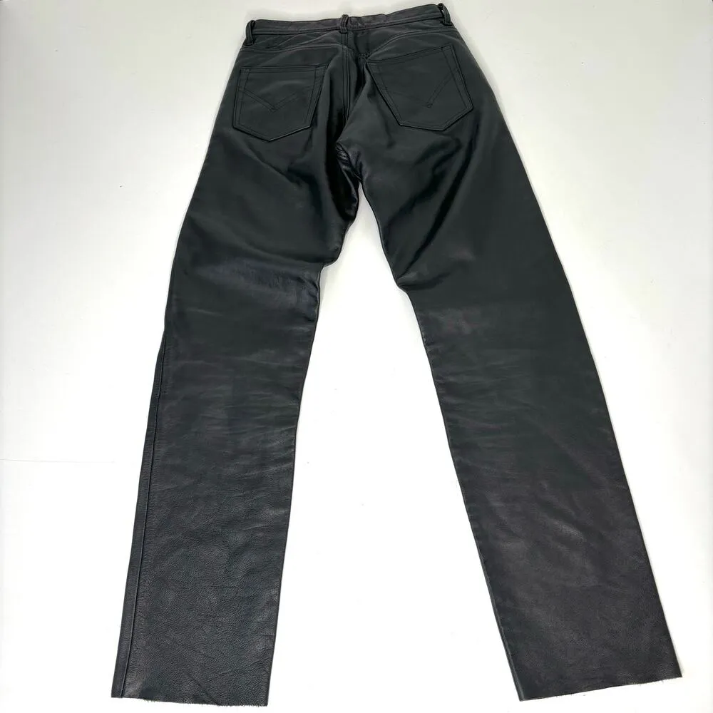 Vintage Leather High Waist Button Fly Black Straight Leg Leather Pants 28 - Image 13