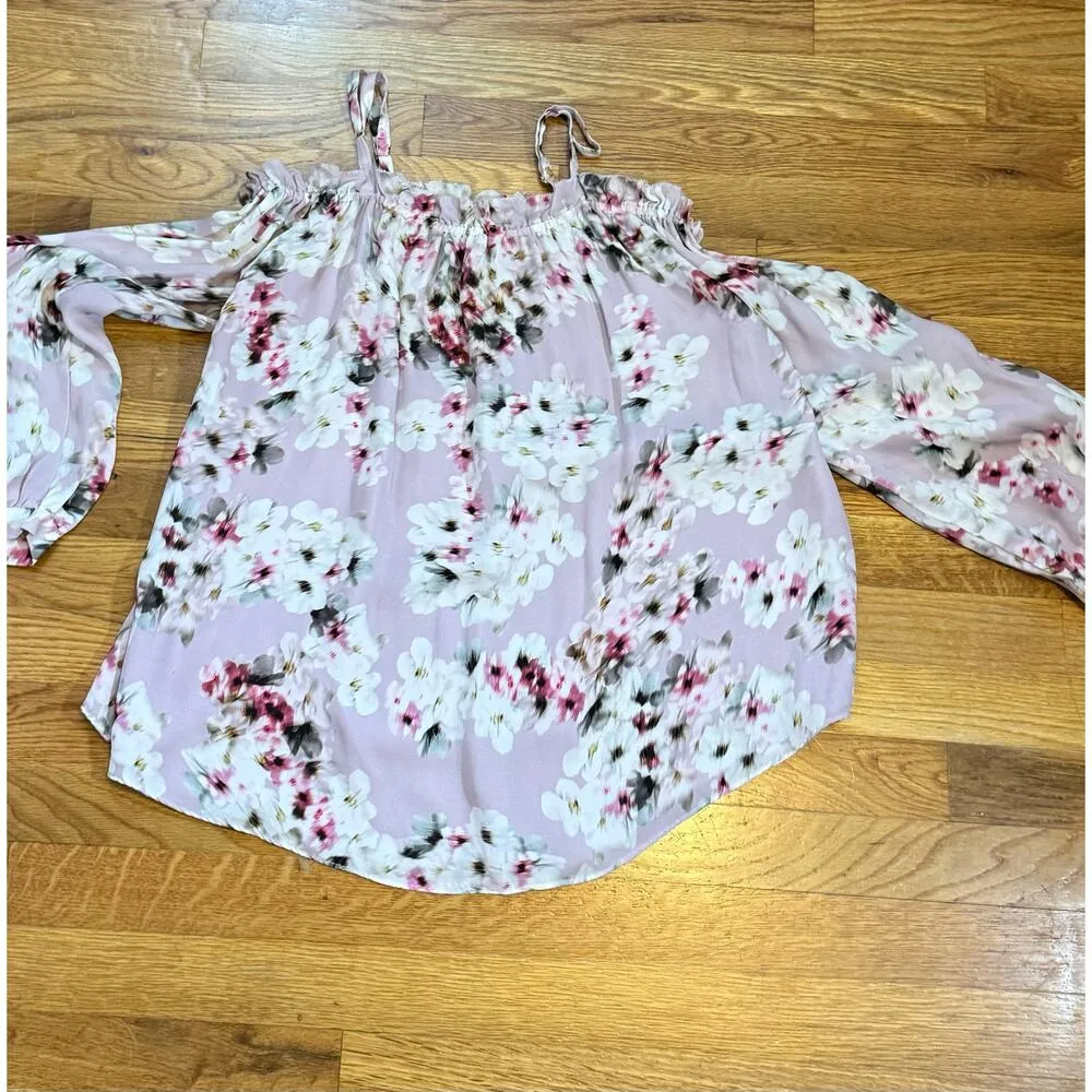 Parker Women’s XS Silk Purple Floral Print Off Shoulder Long Sleeve Shit Blouse - Image 6