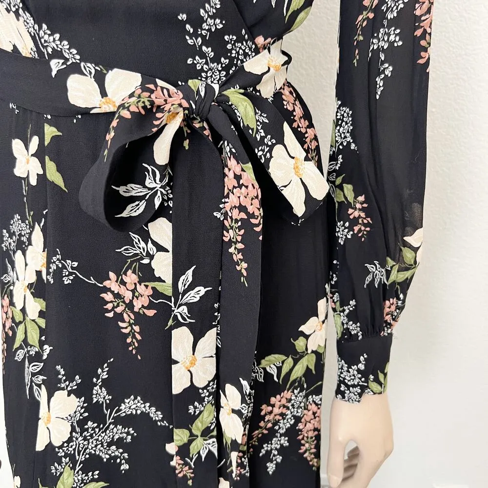 [Reformation] Black Floral Print Susanna Long Sleeve Wrap Midi Dress Sz Large L - Image 9