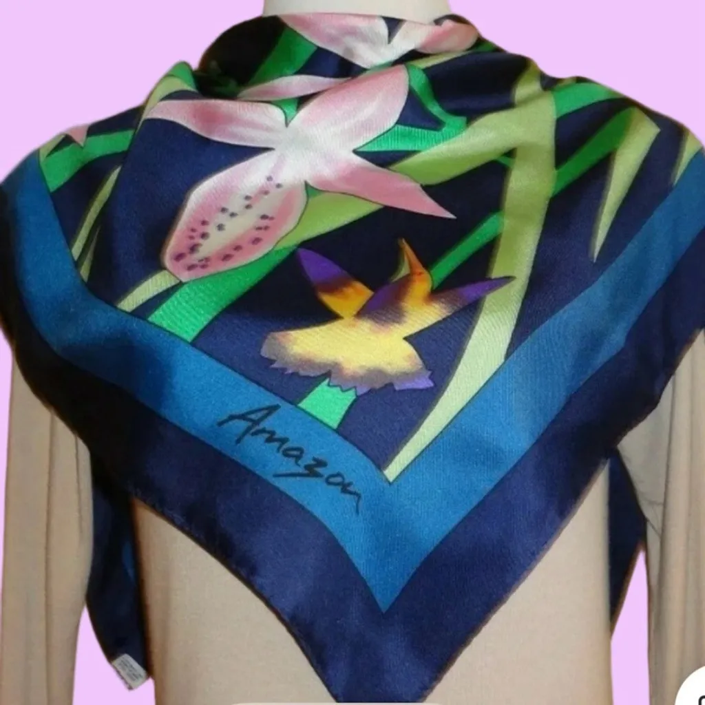 100% silk hummingbird floral Amazon rainforest scarf - Image 2